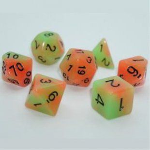 Набір дайсів DOUBLE COLOR GLOW IN THE DARK 7 DICE SET GREEN-ORANGE g7dglowdc01 фото